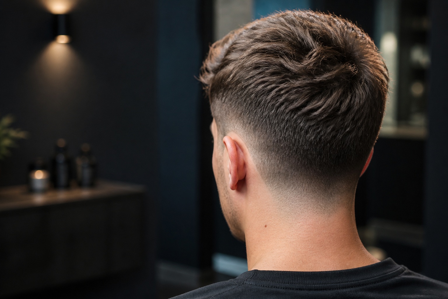 Gesichtsloser Männerhaarschnitt mit Fade und strukturierter Textur